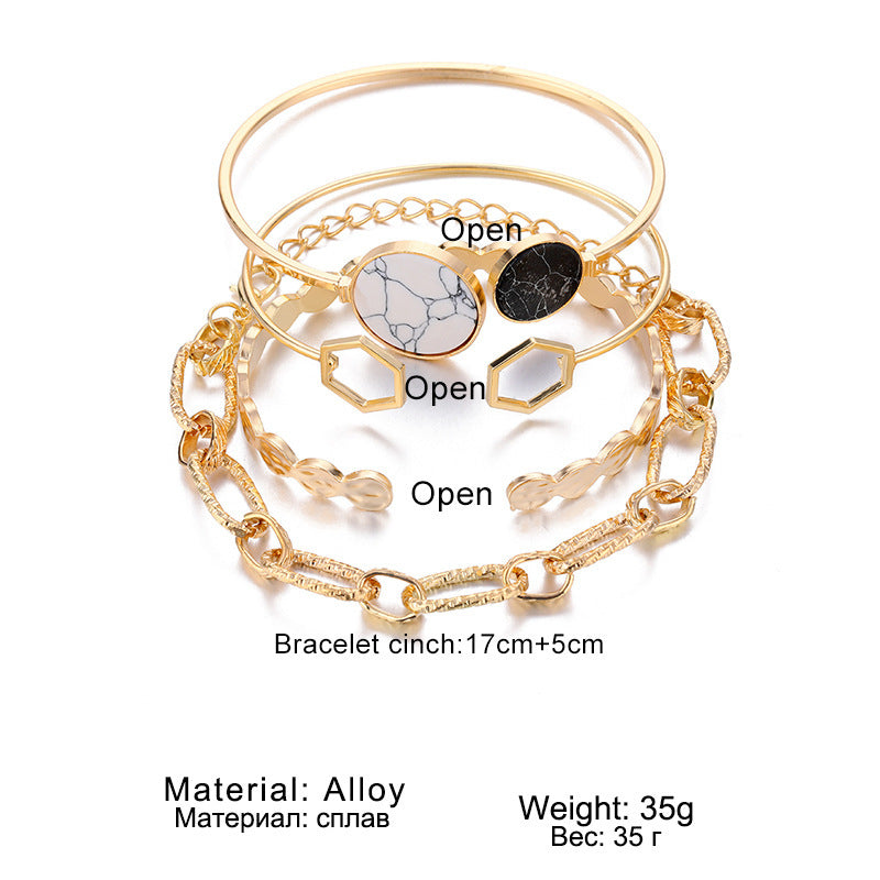 6 Pc - Retro geometric texture marble geometric chain bracelet set of 4 - Golden (Unit Price - 86)