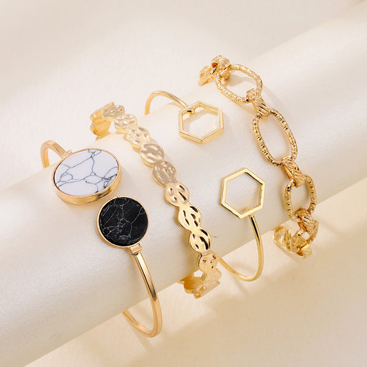 6 Pc - Retro geometric texture marble geometric chain bracelet set of 4 - Golden (Unit Price - 86)