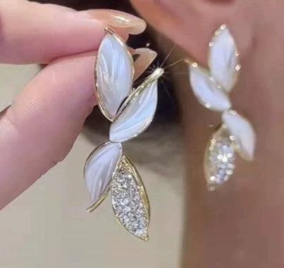 6 Set - Sparkling diamond long leaf earrings - White (1 Set price - 37)
