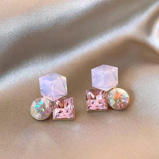 6 pc - Three-Dimensional Geometric Crystal Earrings - Pink (Unit Price - 33)