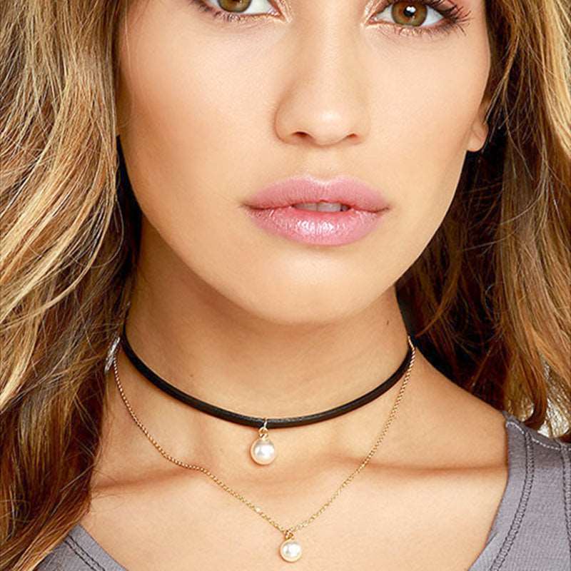 6 Pc - Sweet Pearl Black Thread Two-layer Necklace (Unit Price - 42)