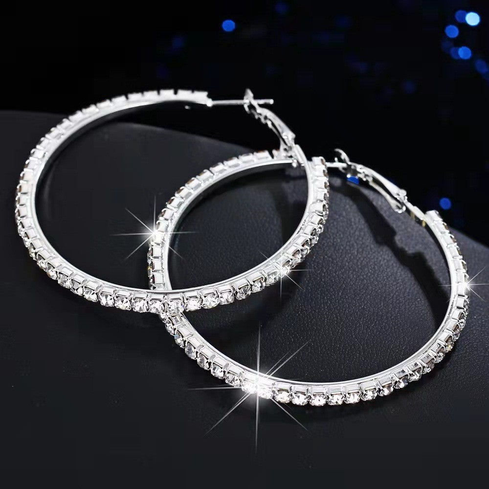 6 Pairs - Full Diamond Fashion Simple Hoop Earrings - Silver (1 Pair Price - 38)