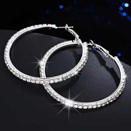6 Pairs - Full Diamond Fashion Simple Hoop Earrings - Silver (1 Pair Price - 38)