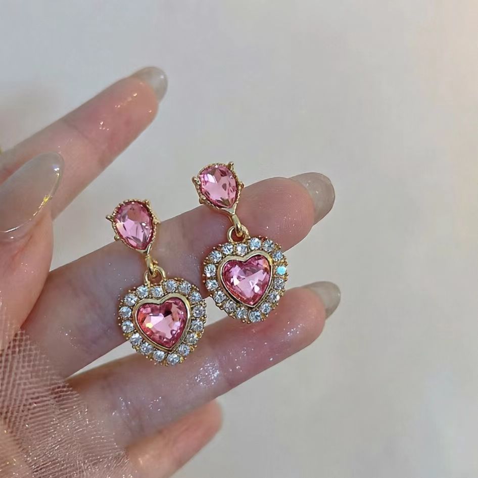 6 Pairs - Super Shiny Pink Heart Zircon Earrings (1 Pair Price - 34)