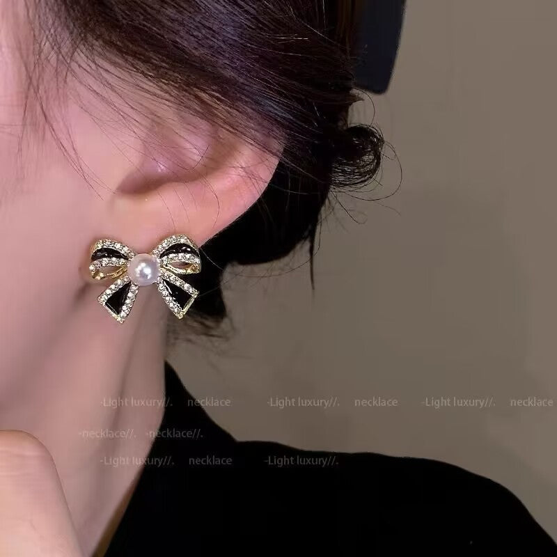 6 Pairs - Black Diamond Pearl Bow Earrings (1 Pair Price - 34)