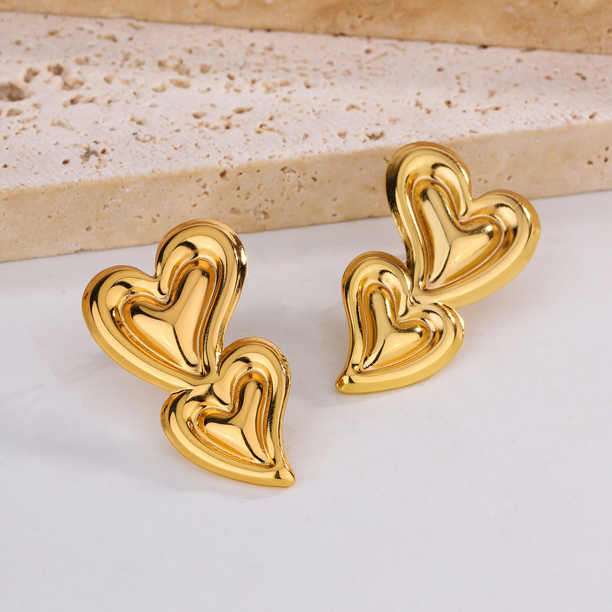 3 Pairs - Anti Tarnish Double Heart Drop earrings (1 Pair Price - 44)