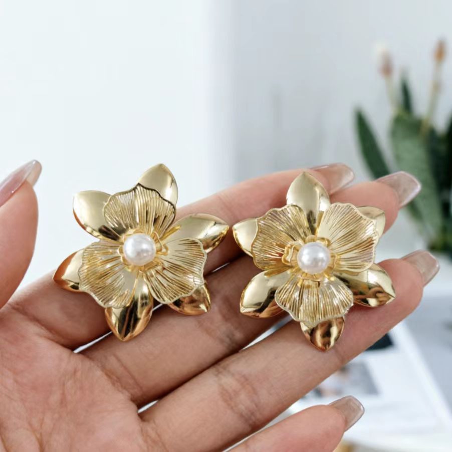 6 Pairs - Large metal golden floral earrings (1 Pair Price - 46)