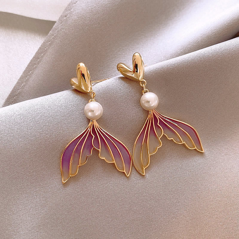 6 Pairs - Korean Heart-Shaped Pearl Purple Gradient Fishtail Earrings (1 Pair Price - 37)
