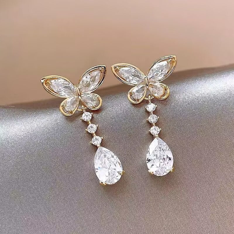 6 Set - Super shiny full diamond butterfly water drop tassel earrings (Unit price 40)