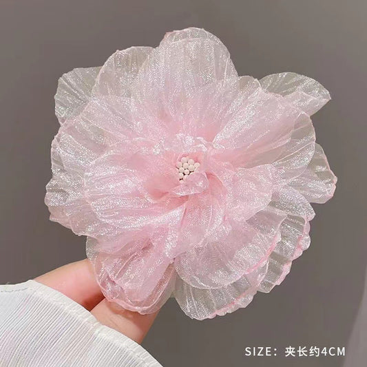 3 Pc - Super Fairy Princess Style Tulle Camellia Flower Hair Clip for Girls - Pink (1 Pc Price - 23)