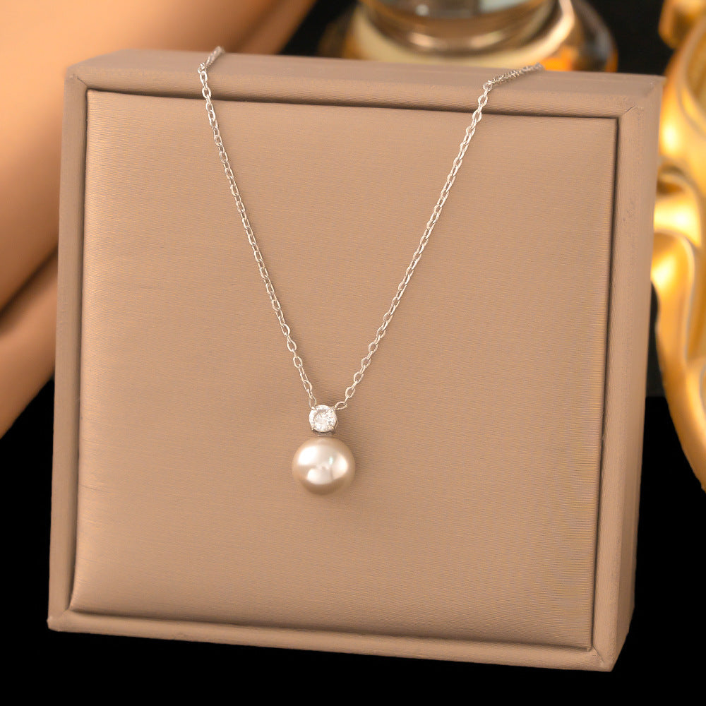3 Pc - Anti Tarnish Round diamond pink pearl necklace silver (1 Pc Price - 62)
