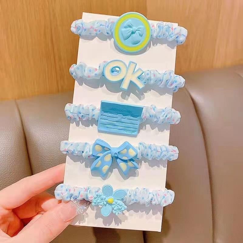 3 Set - Blue bow flower 5-piece set rubberband (1 Set Price - 38)