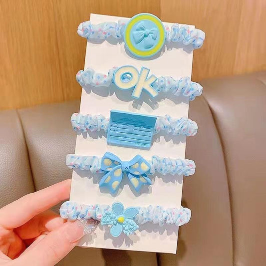 3 Set - Blue bow flower 5-piece set rubberband (1 Set Price - 38)