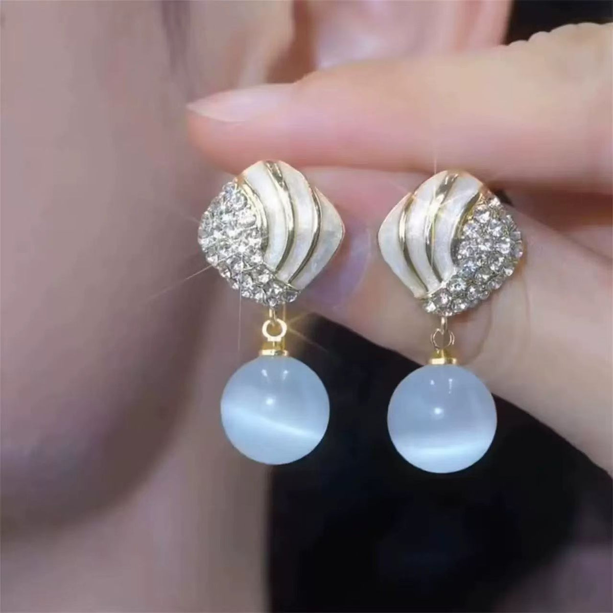 6 Pairs - Korean Style Full Diamond Rhombus-Shaped Cat's Eye Stone Earrings (1 Pair Price - 34)