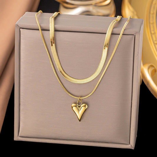 3 Pc - Anti Tarnish Double-layered heart-shaped necklace - Gold (1 Pc Price - 107)