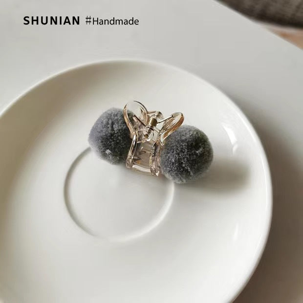10 Pc - Cute plush ball hairpin - Grey opp packing