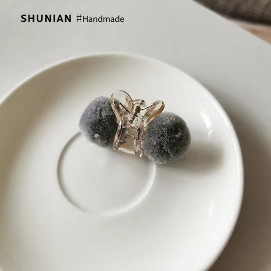 10 Pc - Cute plush ball hairpin - Grey opp packing