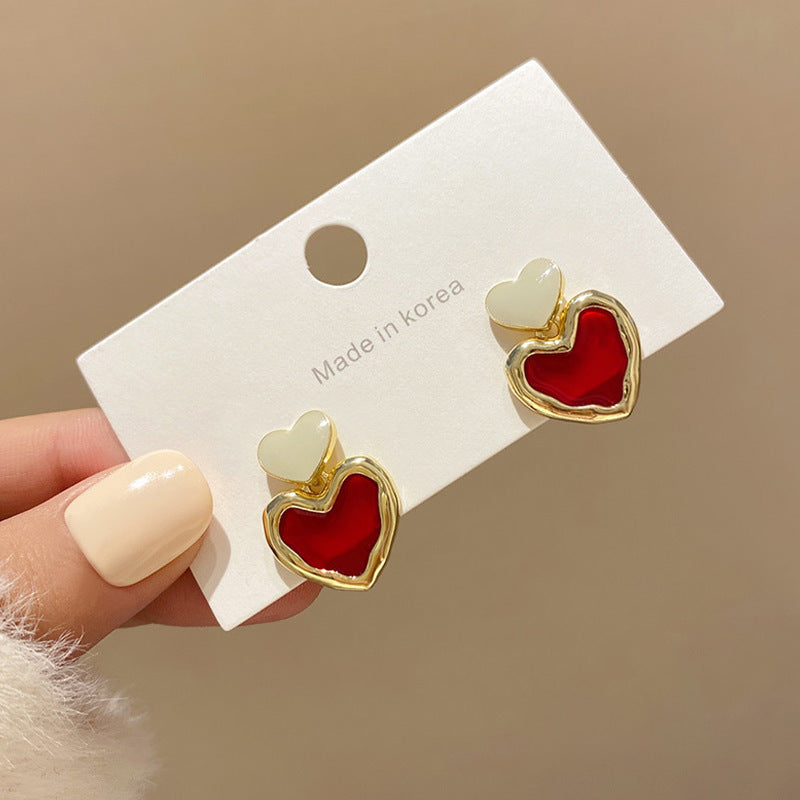 6 Pairs - Korean Retro Red Heart Earrings (1 Pair Price - 30)