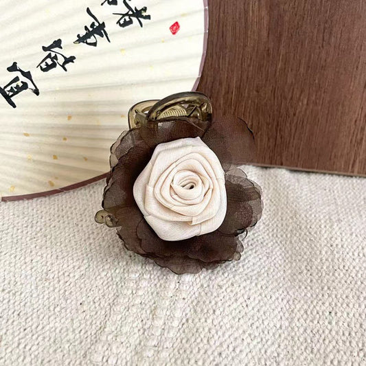3 Pc - Fairy-Style Tulle Rose Acrylic Hair Clip Cluther - Brown (1 Pc Price - 40)