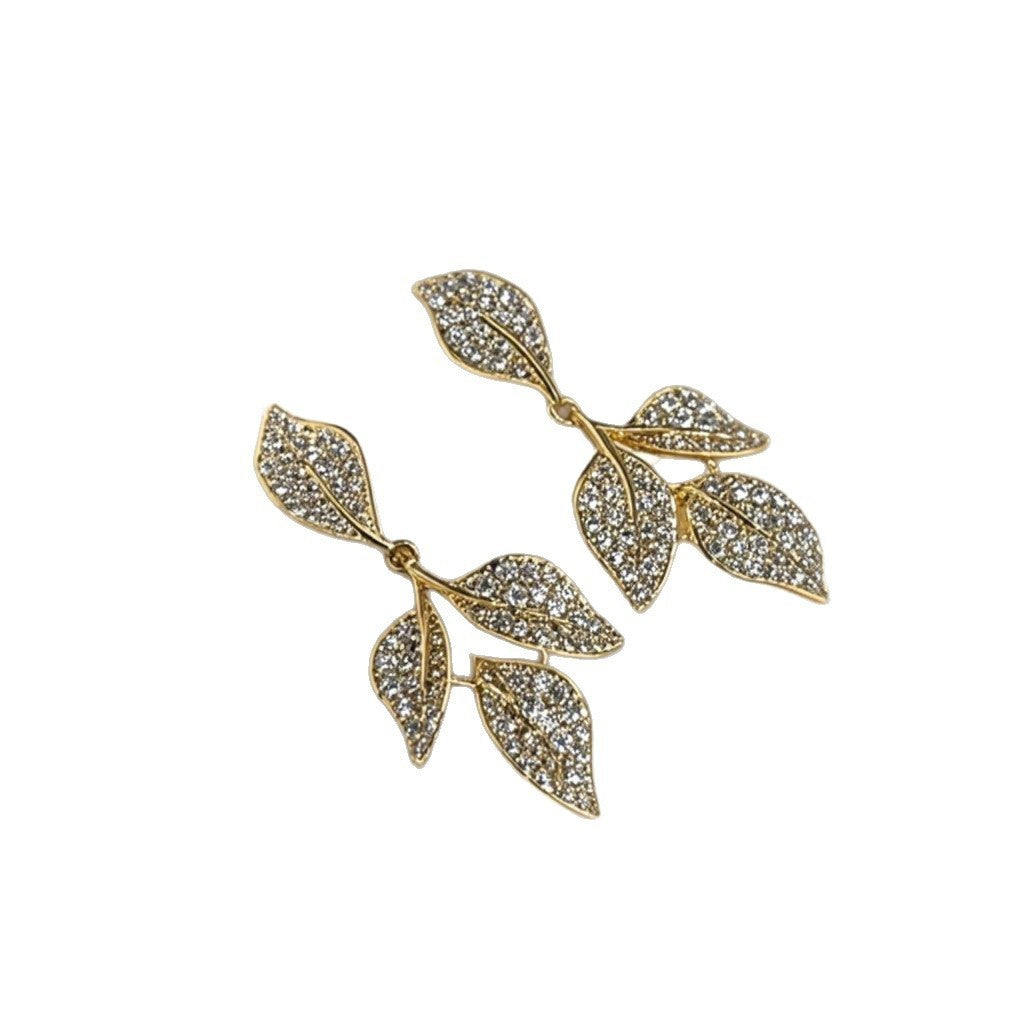 6 Pairs - Retro Full Diamond Leaf Earrings - Golden  (1 Pair Price - 32)