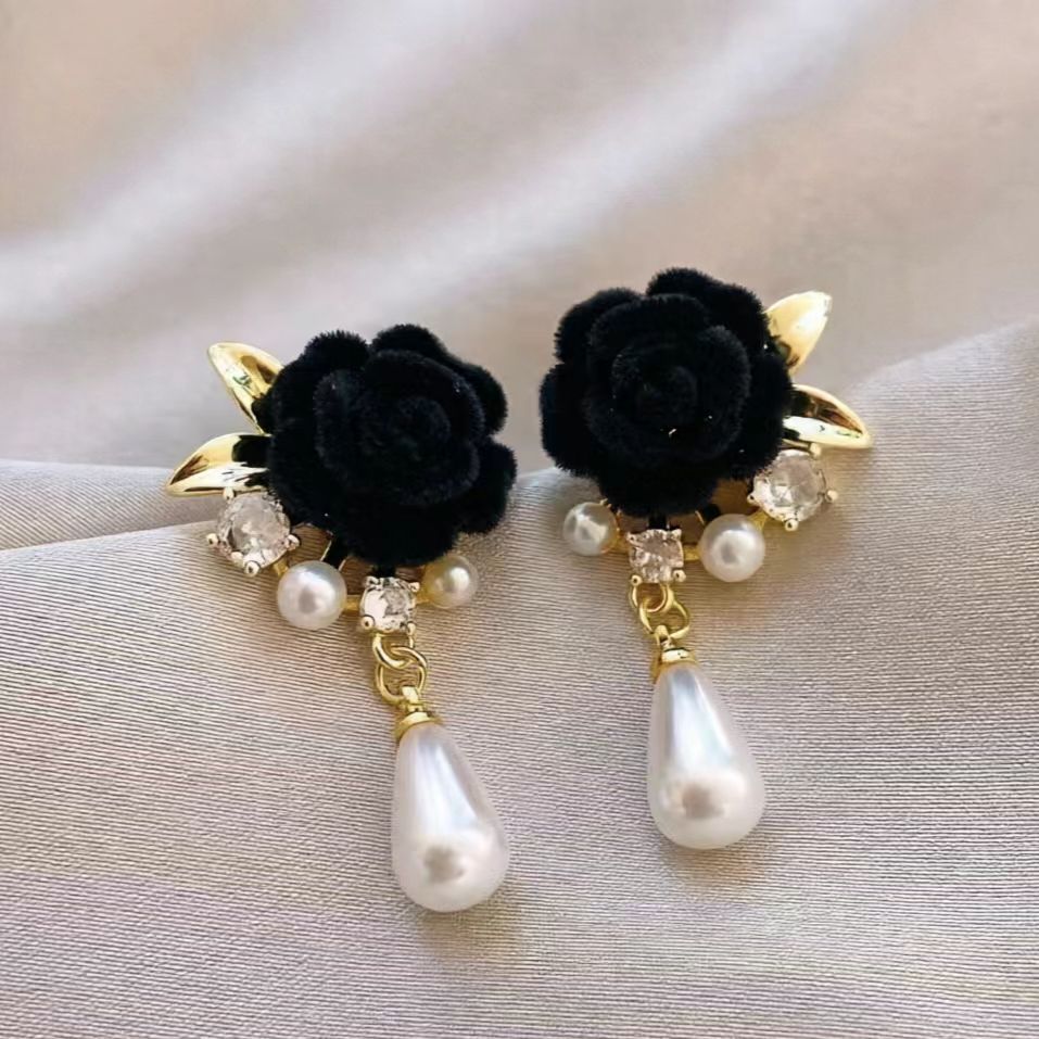 6 Pairs - Black and red velvet rose pearl earrings (Mix Color) (1 Pair Price - 29)