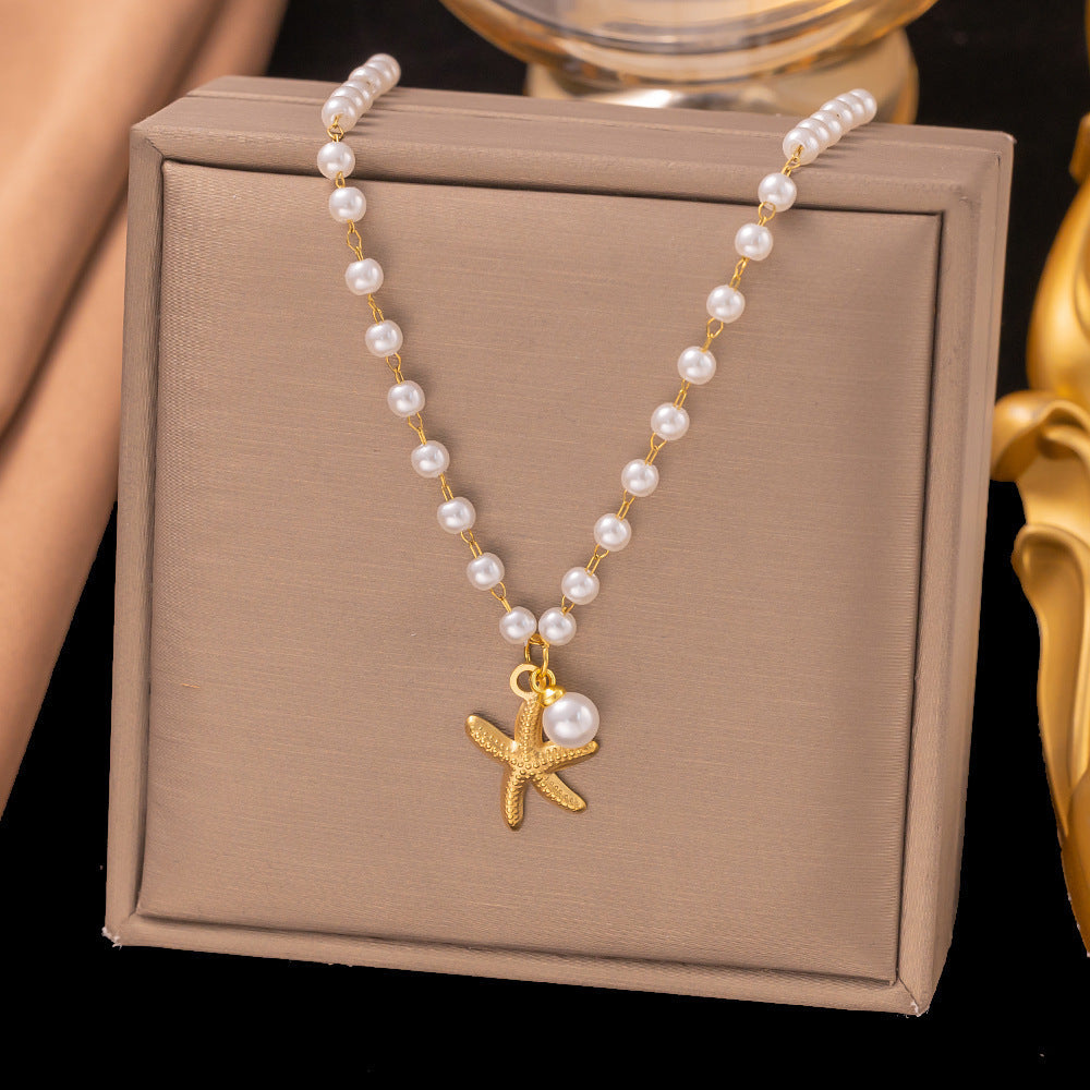 3 Set - Anti Tarnish Pearl starfish earrings and necklace set gold (1 Set Price - 100)