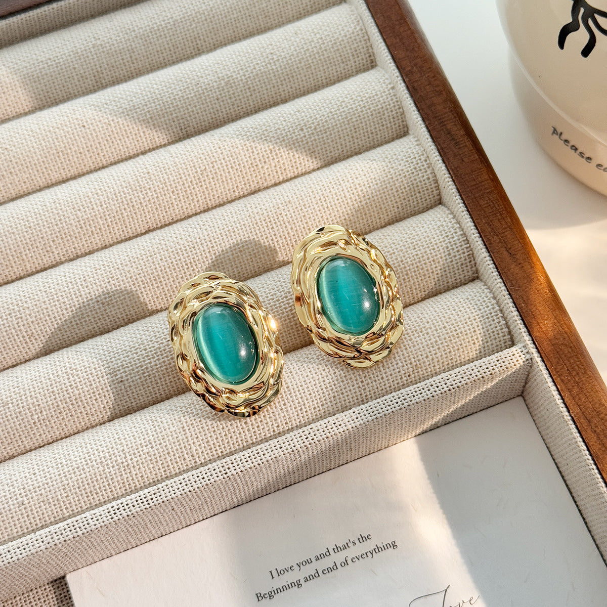 6 Pairs - Medieval Style Retro Golden Natural Stone Cat's Eye Earrings (Mix Color) (1 Pair Price - 32)