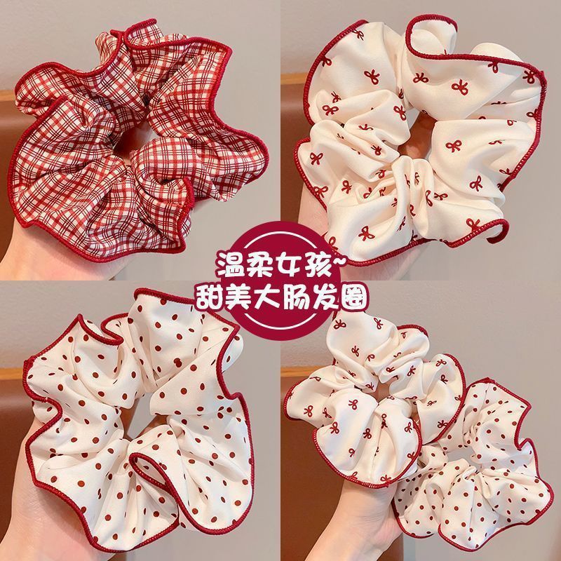 10 Pc - Red Sweet Polka Dot Bow Scrunchie Ponytail Bun Hair Tie opp packing (1 Pc Price - 12)