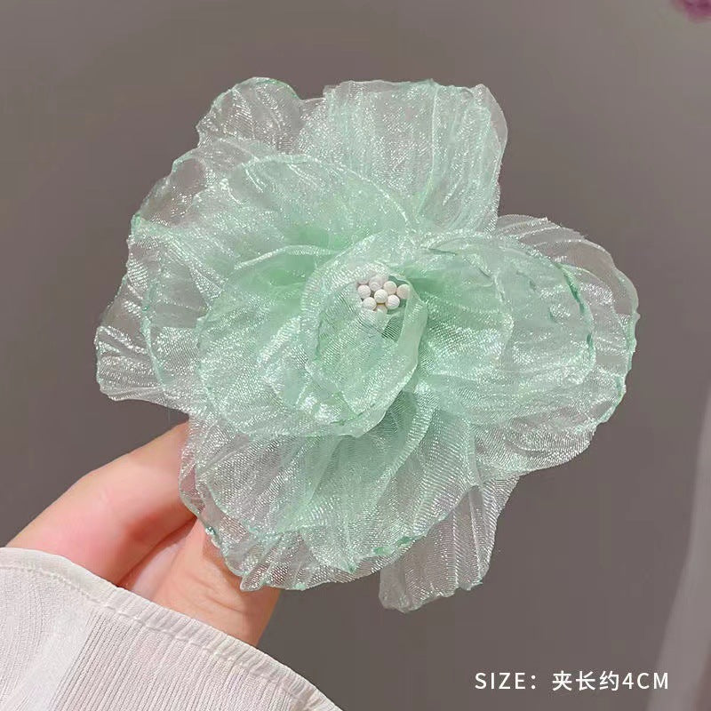 3 Pc - Super Fairy Princess Style Tulle Camellia Flower Hair Clip for Girls - Green (1 Pc Price - 23)