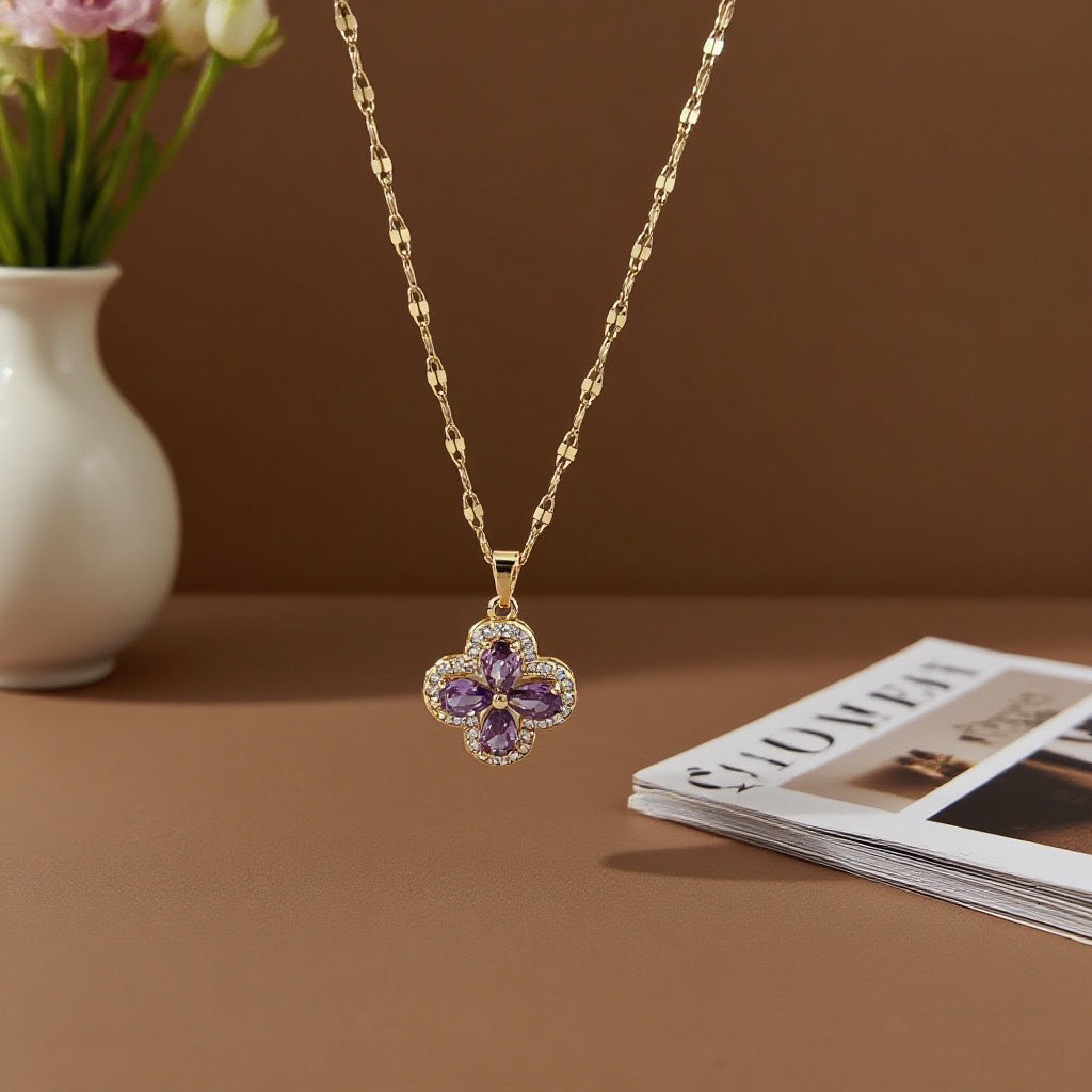 3 Pc - Anti Tarnish Violet four-leaf clover necklace (1 Pc Price - 98)