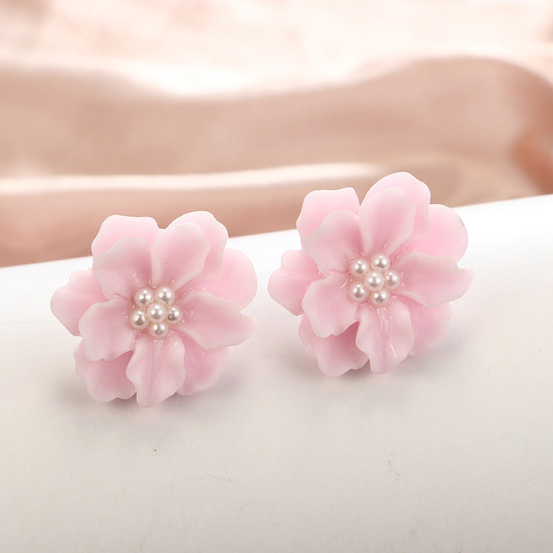 12pcs- Fresh three-dimensional Pink Flower Pearl Earrings (Unit Price -21)