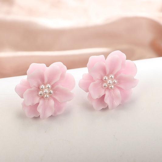 12pcs- Fresh three-dimensional Pink Flower Pearl Earrings (Unit Price -21)