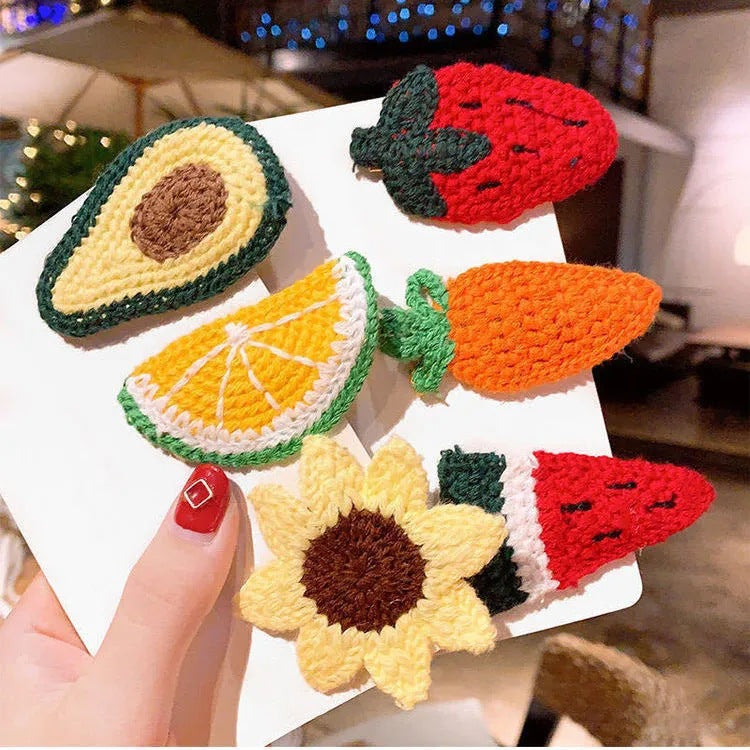 6 Pc - Large Handmade Woven Wool Fruit Series Hairpin opp packing (1 Pc Price - 12)