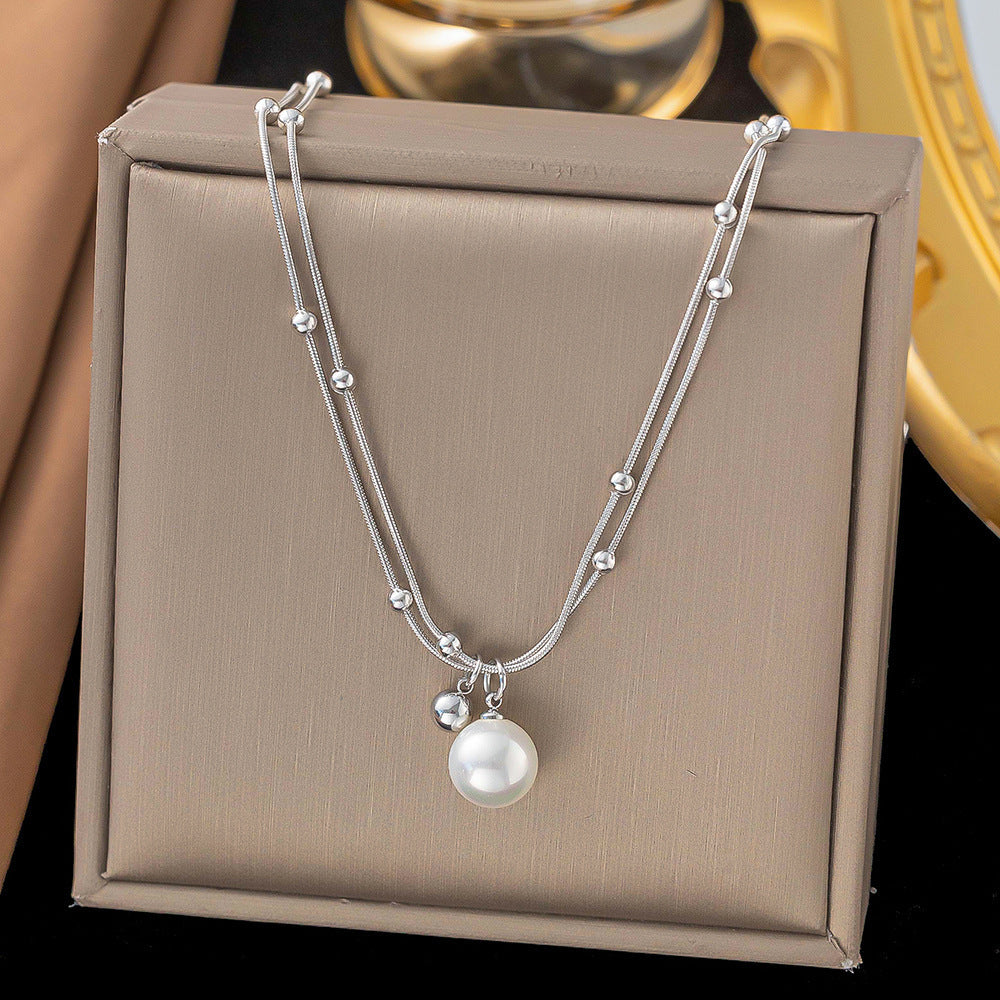 3 Pc - Anti Tarnish Double-layered pearl necklace - Silver (1 Pc Price - 70)