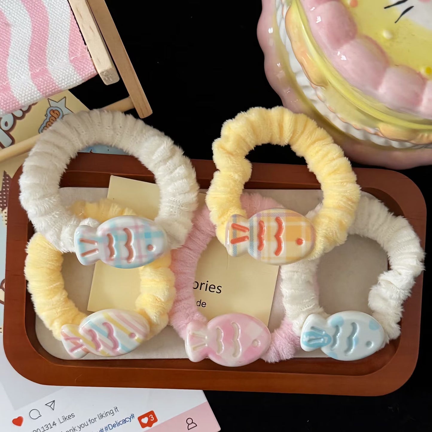 10 Pc - Small Fish Plush Hair Ring Cute Soft Cute Girl's Pony Tail Hair Rope Rubberband (Mix color OPP bag) (Unit Price 8)