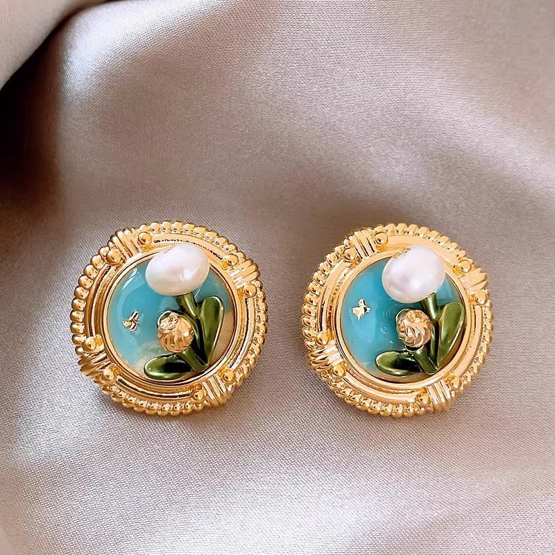 6 Pairs - Monet Garden Oil Painting Style Imitation Pearl Earrings  (1 Pair Price - 35)