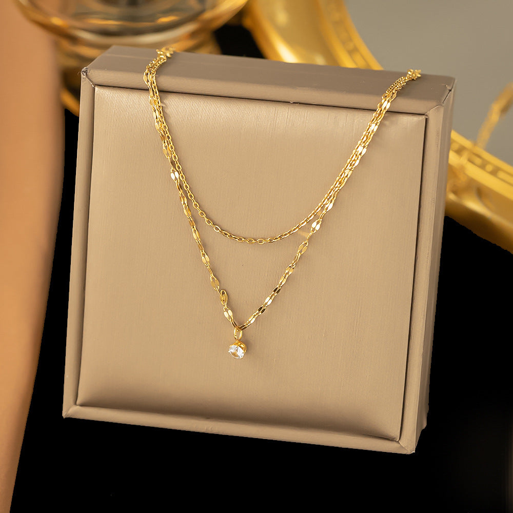 3 Pc - Anti Tarnish Single diamond double layer necklace - Gold (1 Pc Price - 62)