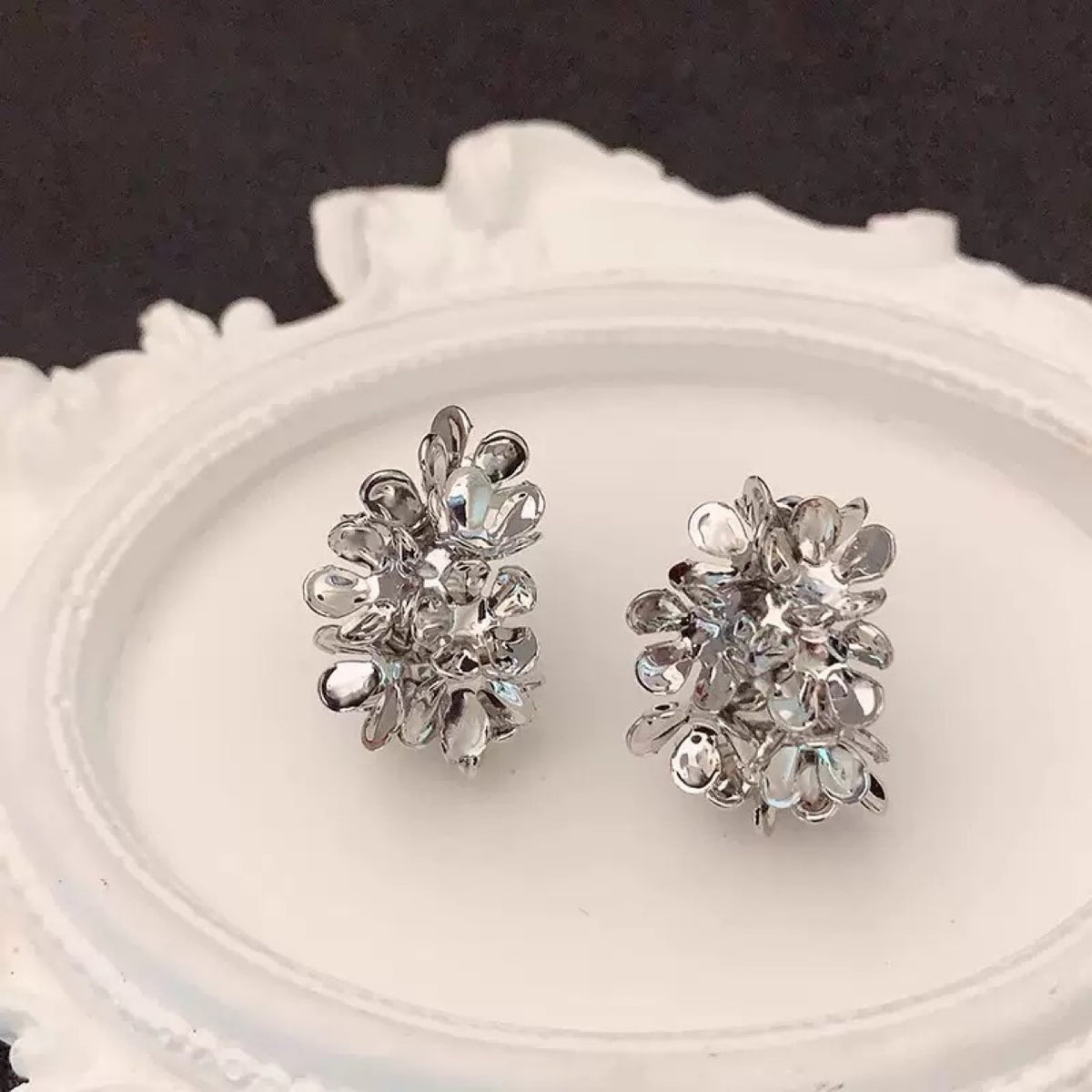 6 Pairs - Floral Cluster Flower C-Shaped Earrings - Silver (1 Pair Price - 30)