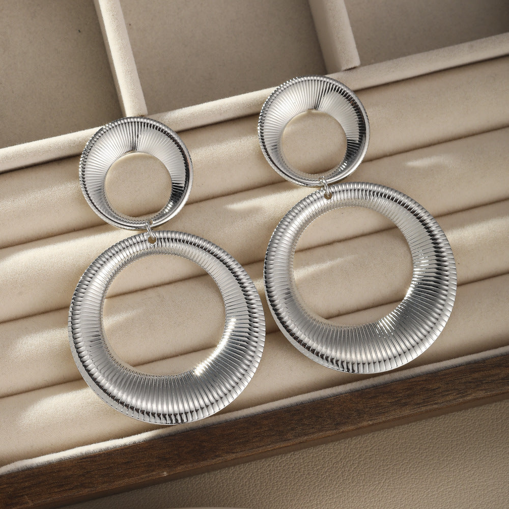 6 Pairs - Striped Double Hoop Earrings - Silver (1 Pair Price - 33)