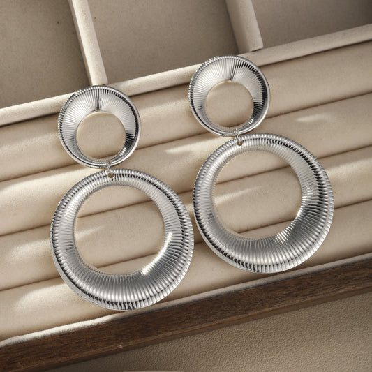 6 Pairs - Striped Double Hoop Earrings - Silver (1 Pair Price - 33)
