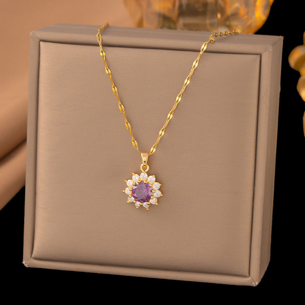 3 Pc - Anti Tarnish Purple diamond flower necklace gold (1 Pc Price - 92)
