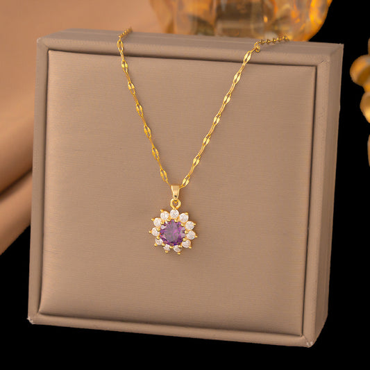 3 Pc - Anti Tarnish Purple diamond flower necklace gold (1 Pc Price - 92)