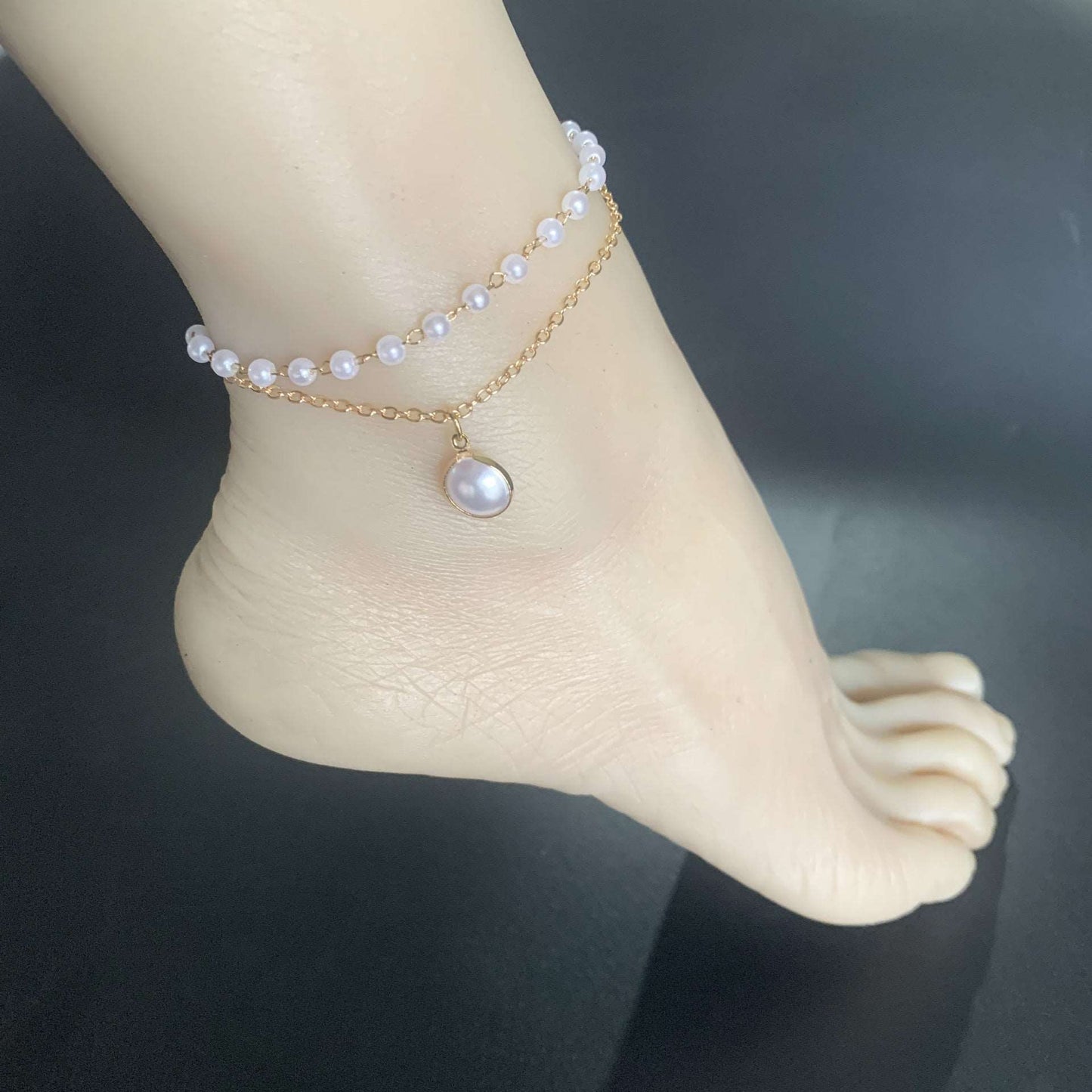 12 Pc - Double layer Pearl chain and Pearl Pendant Anklet (Unit Price - 27)