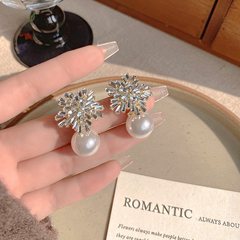 6 Pairs - Spring Camellia Snowflake Sparkling Diamond Pearl Stud Earrings (Mix Color)  (1 Pair Price - 66)