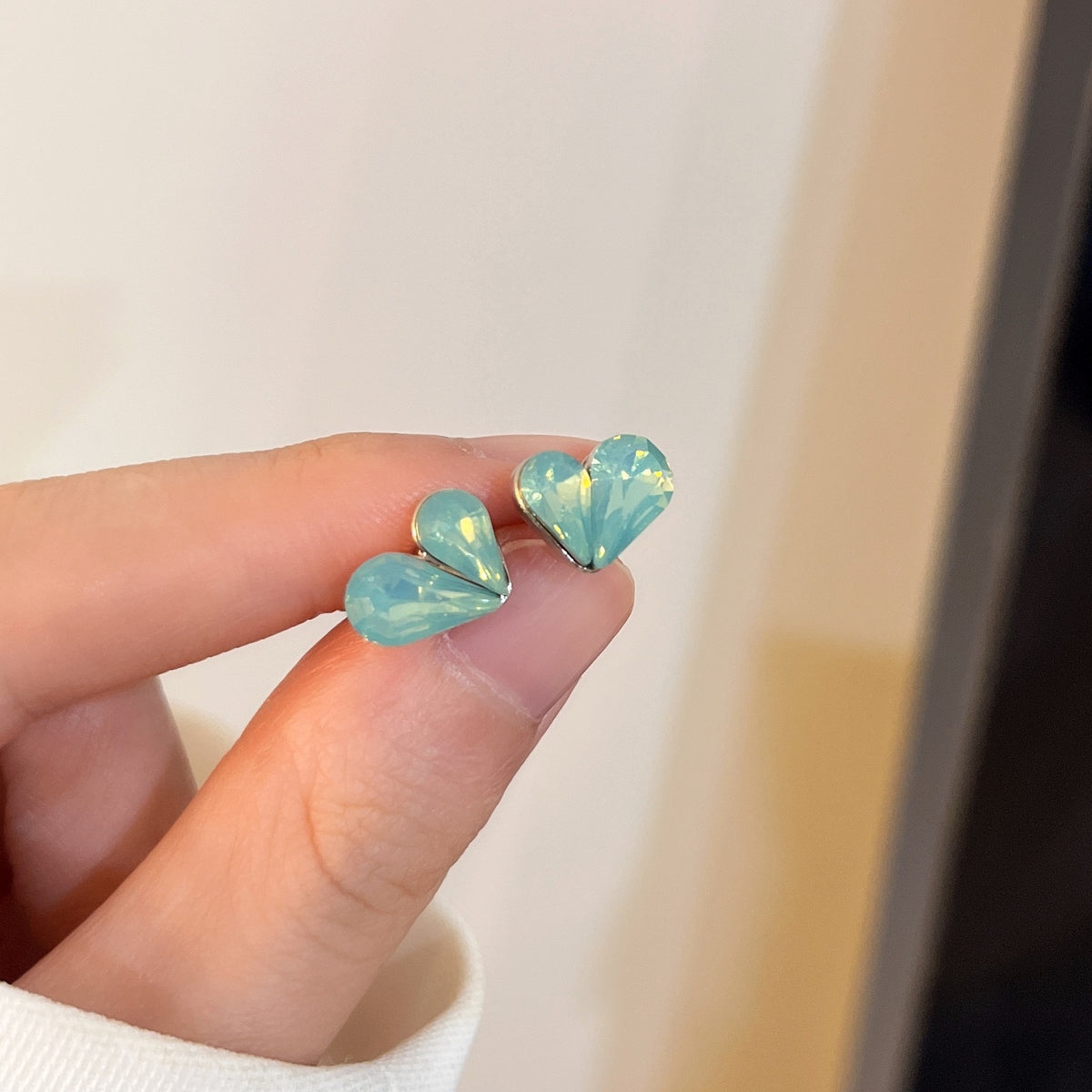 6 Pairs - Blue Rhinestone Heart-Shaped Earrings (1 Pair Price - 24)
