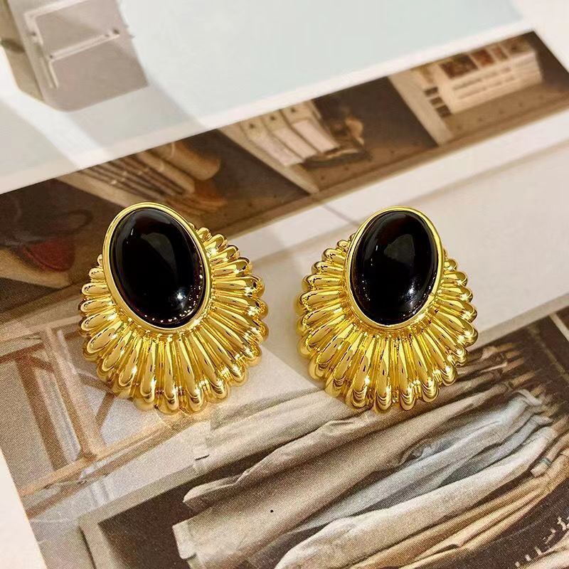 6 Pairs - Black Oval Vintage Earrings - Golden (1 Pair Price - 27)