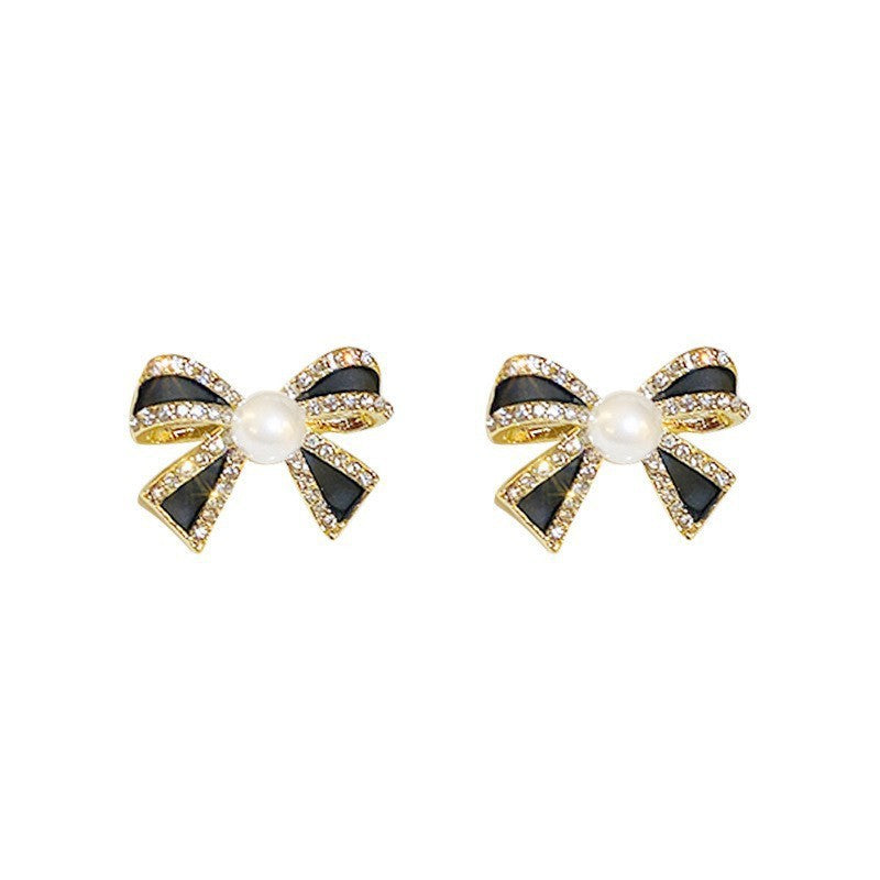 6 Pairs - Black Diamond Pearl Bow Earrings (1 Pair Price - 34)