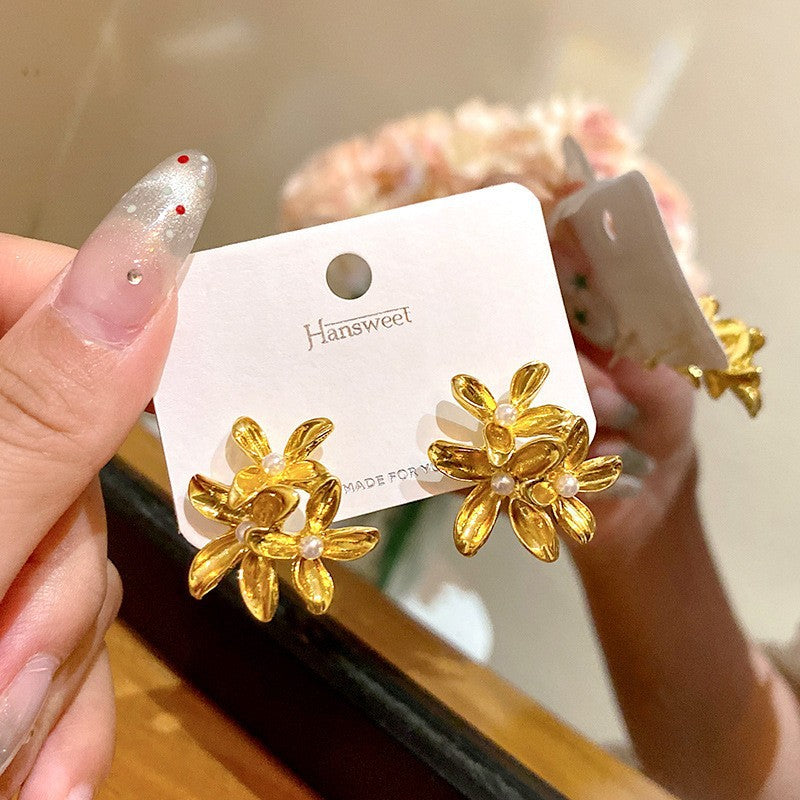 6 Pairs - Korean Style Exaggerated Flower Earrings - Golden (1 Pair Price - 39)