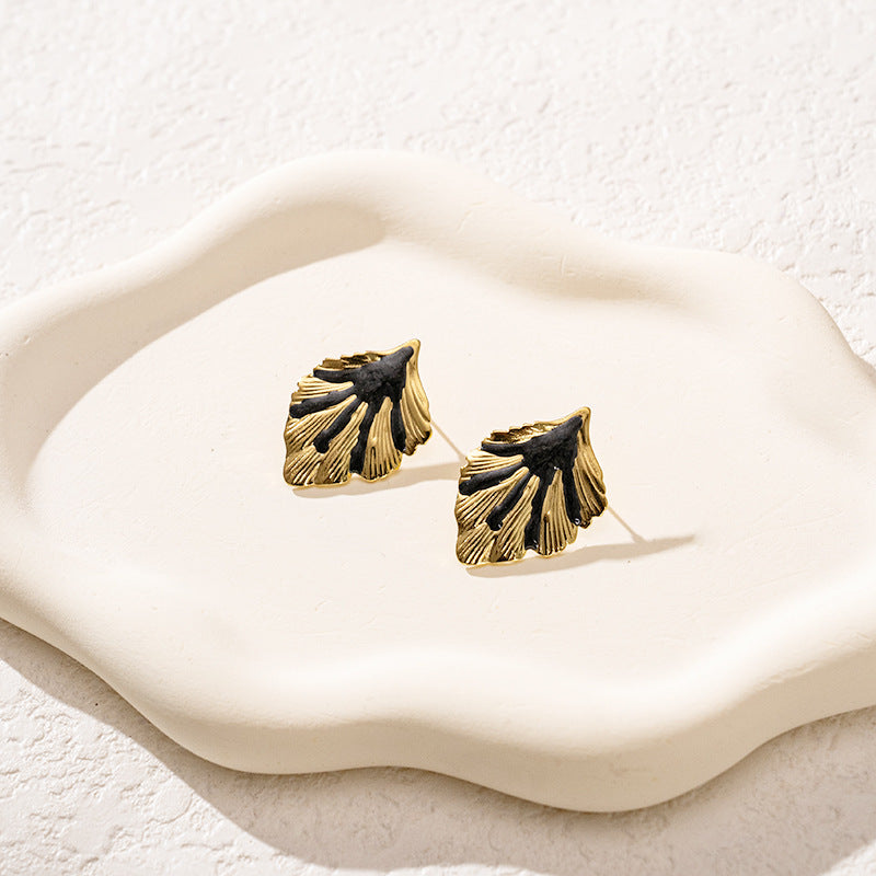 3 Pairs - Colorful Oil Drop Stainless Steel Leaf Earrings - Black (1 Pair Price - 51)