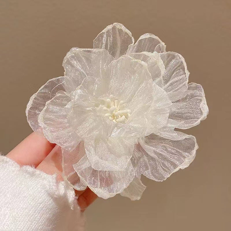 3 Pc - Super Fairy Princess Style Tulle Camellia Flower Hair Clip for Girls - White (1 Pc Price - 23)